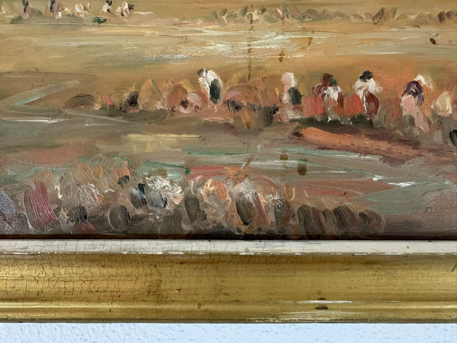 Ölgemälde Landschaft mit Personen bei der Feldarbeit signiert