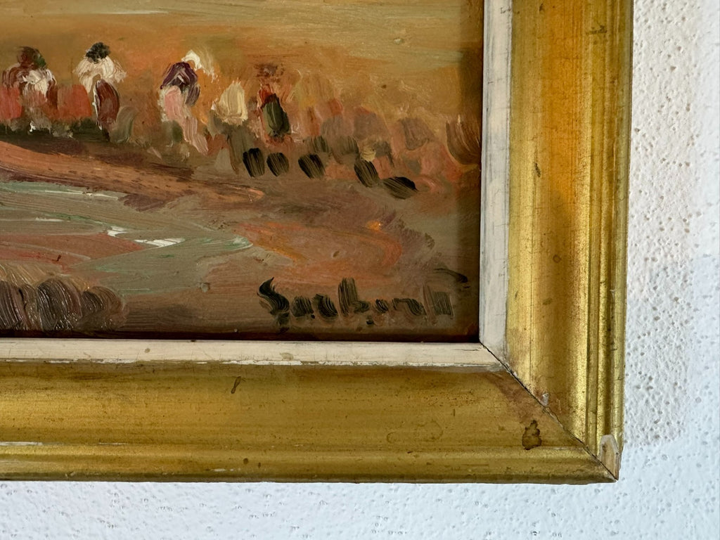 Ölgemälde Landschaft mit Personen bei der Feldarbeit signiert