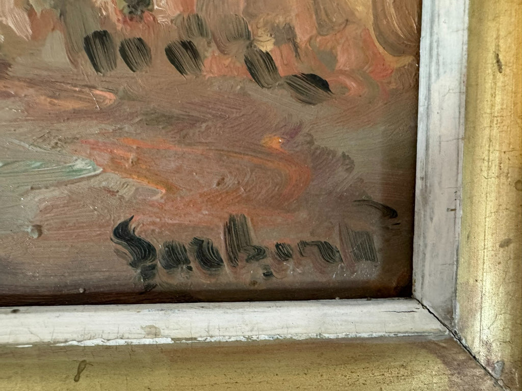 Ölgemälde Landschaft mit Personen bei der Feldarbeit signiert