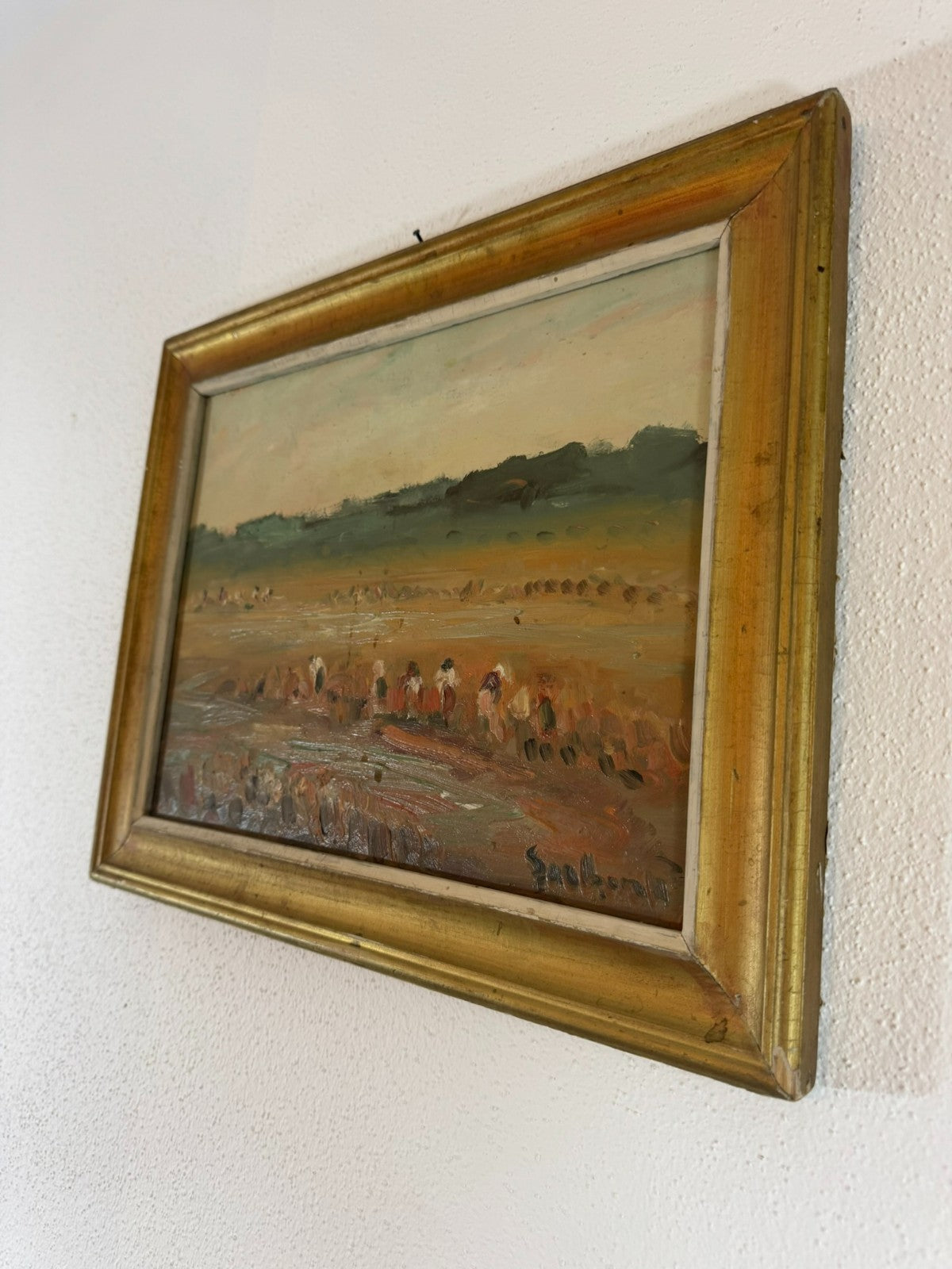 Ölgemälde Landschaft mit Personen bei der Feldarbeit signiert