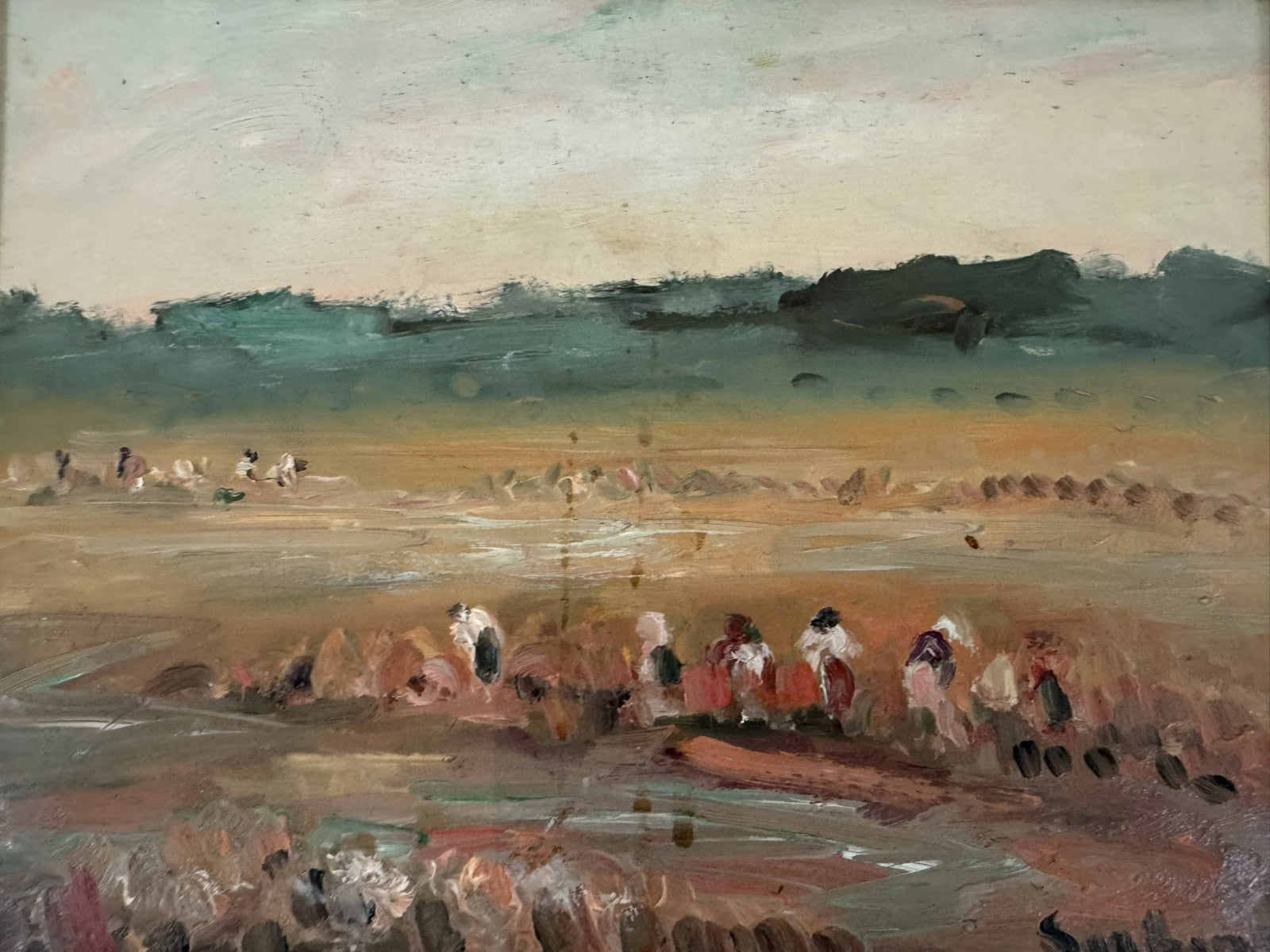 Ölgemälde Landschaft mit Personen bei der Feldarbeit signiert