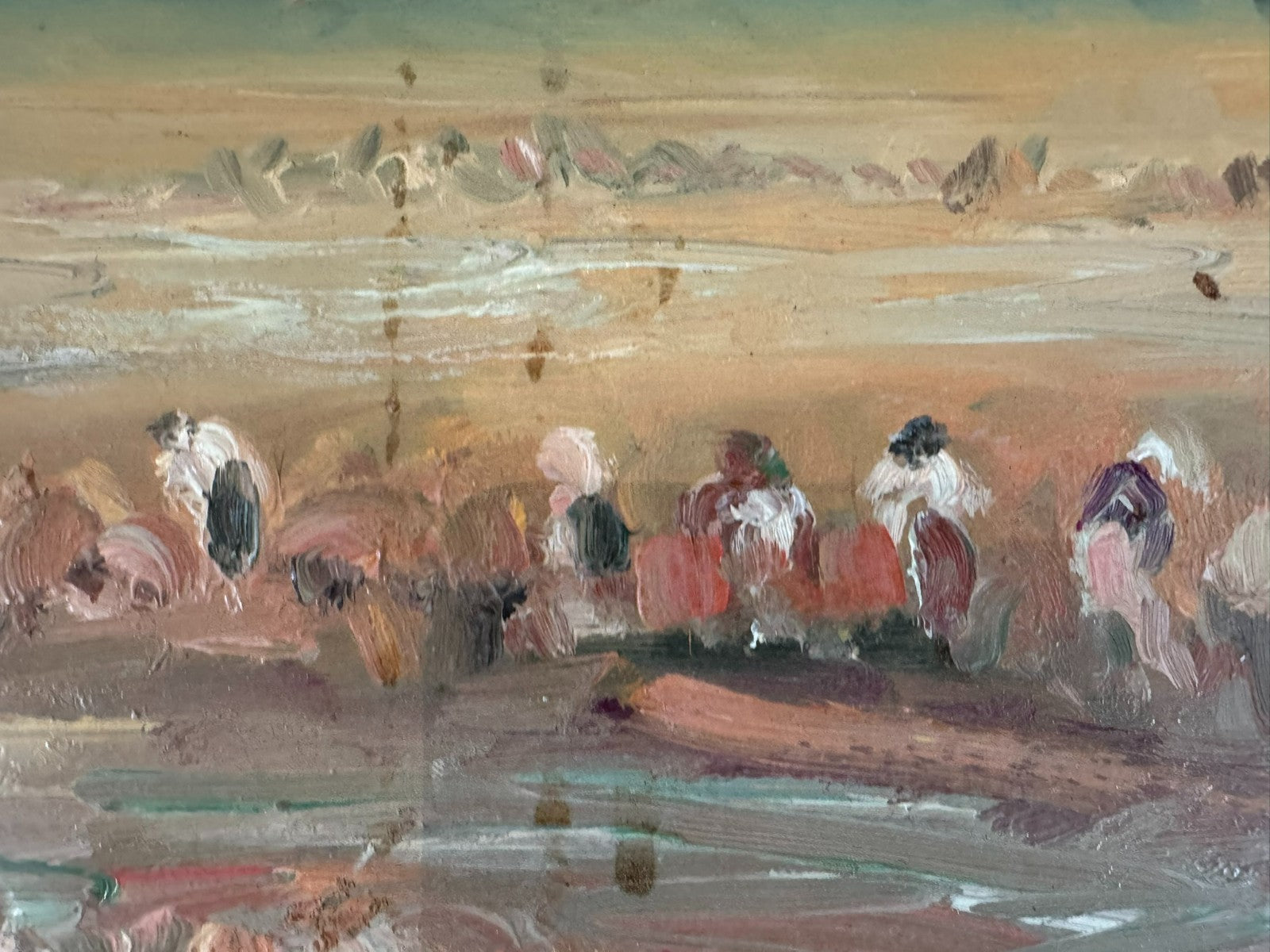 Ölgemälde Landschaft mit Personen bei der Feldarbeit signiert