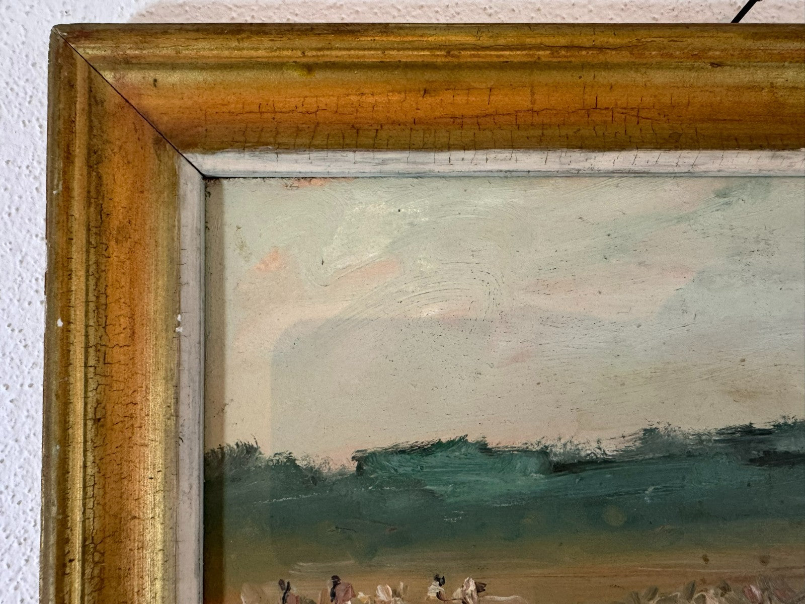 Ölgemälde Landschaft mit Personen bei der Feldarbeit signiert