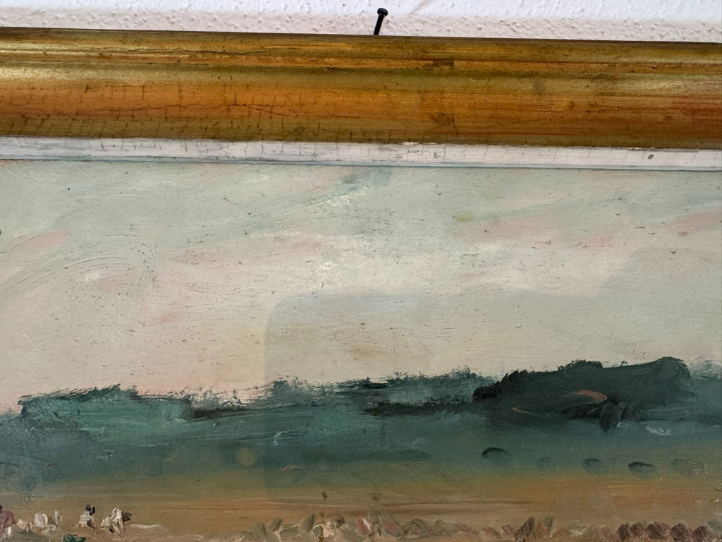 Ölgemälde Landschaft mit Personen bei der Feldarbeit signiert