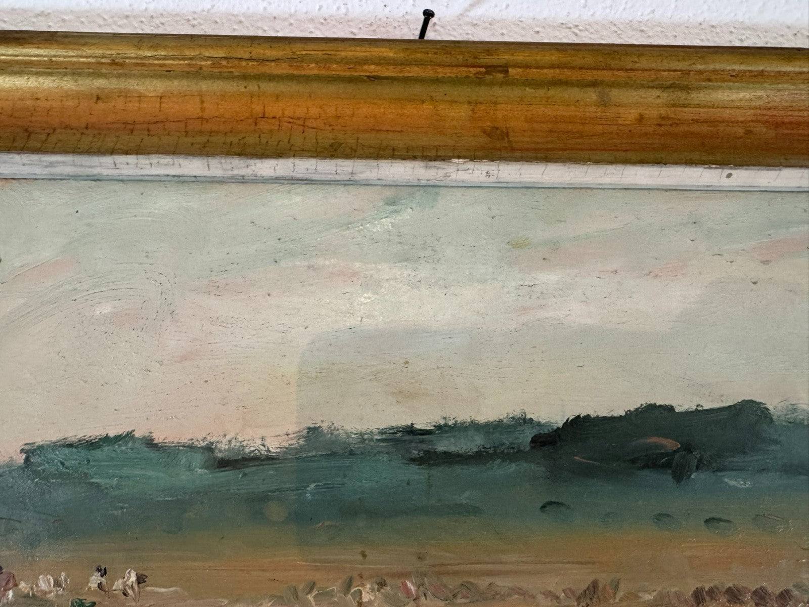 Ölgemälde Landschaft mit Personen bei der Feldarbeit signiert