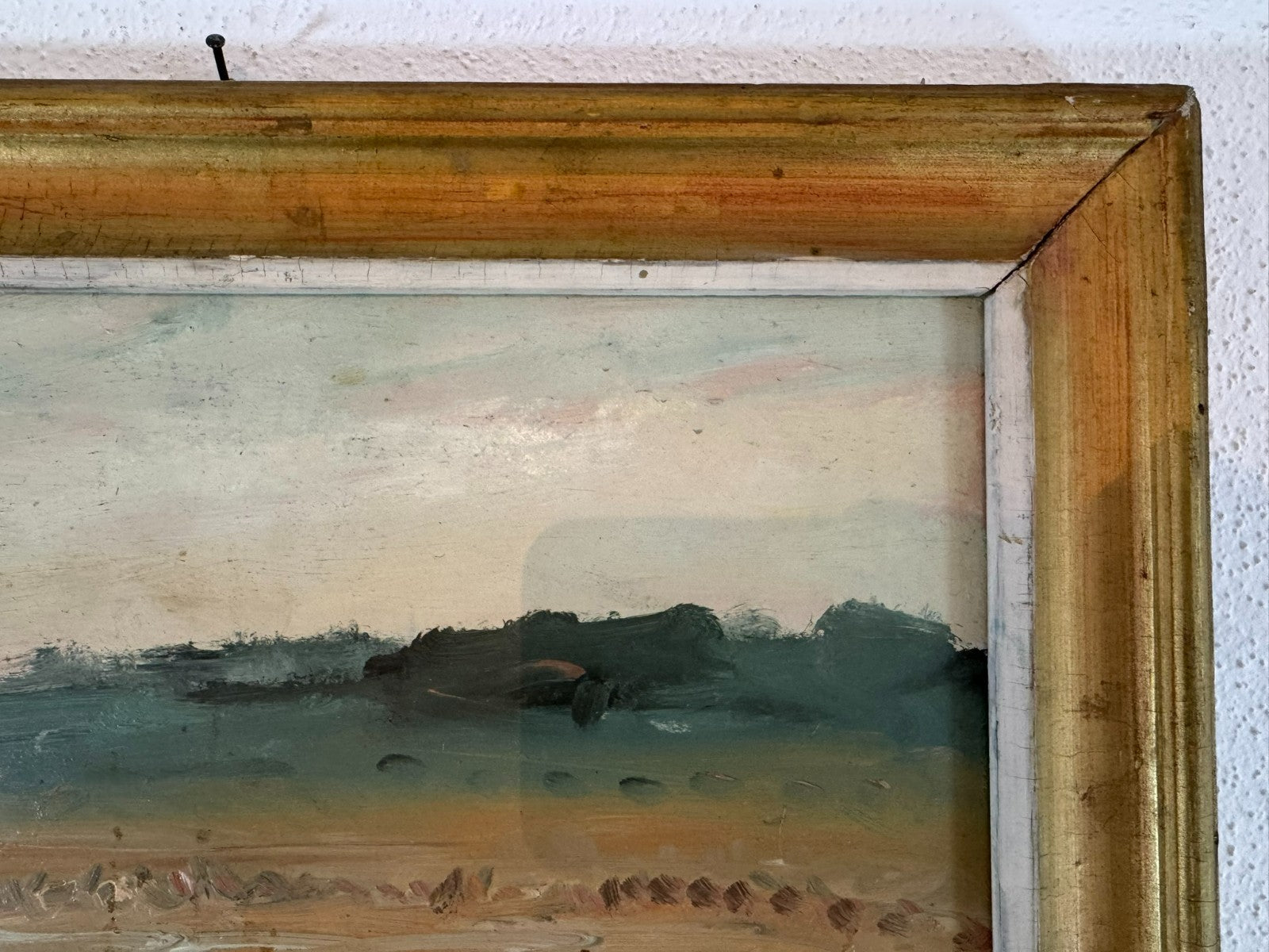 Ölgemälde Landschaft mit Personen bei der Feldarbeit signiert