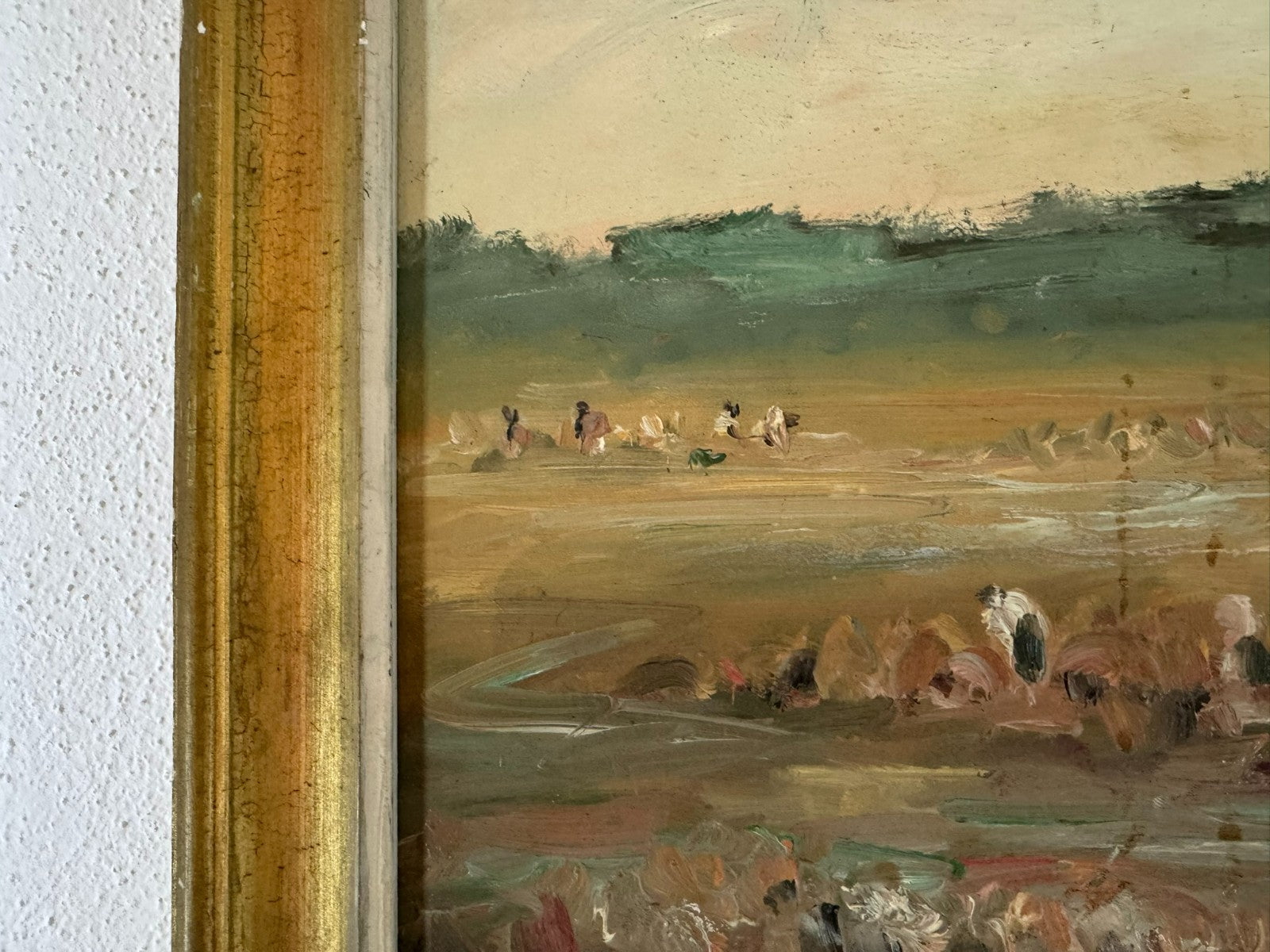 Ölgemälde Landschaft mit Personen bei der Feldarbeit signiert