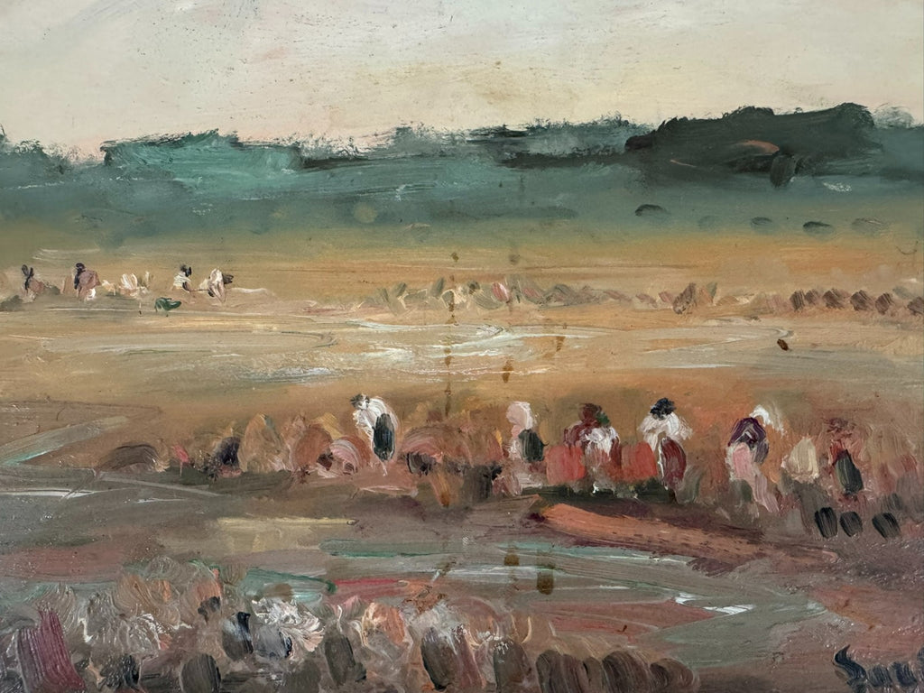 Ölgemälde Landschaft mit Personen bei der Feldarbeit signiert