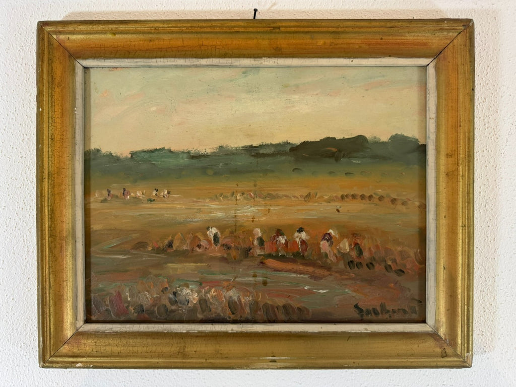 ÖLGEMÄLDE LANDSCHAFT MIT PERSONEN BEI DER FELDARBEIT SIGNIERT