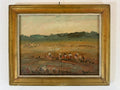 ÖLGEMÄLDE LANDSCHAFT MIT PERSONEN BEI DER FELDARBEIT SIGNIERT