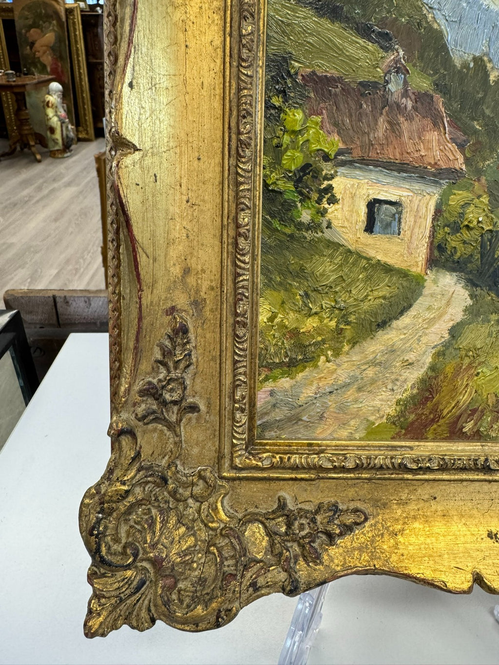 Kleines Ölgemälde in Prunkrahmen Landschaft mit Haus W. Schmidt