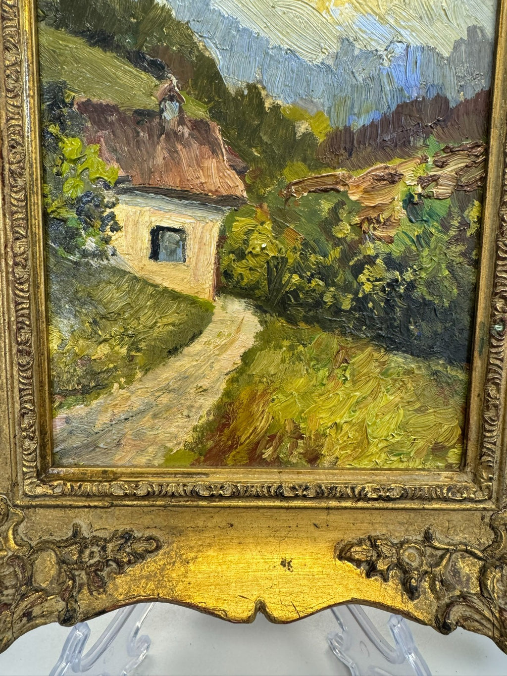 Kleines Ölgemälde in Prunkrahmen Landschaft mit Haus W. Schmidt