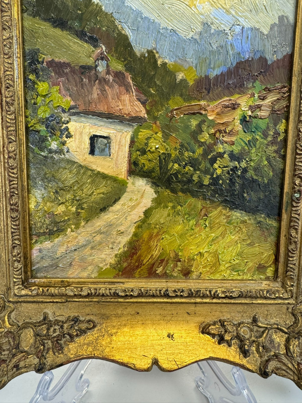 Kleines Ölgemälde in Prunkrahmen Landschaft mit Haus W. Schmidt