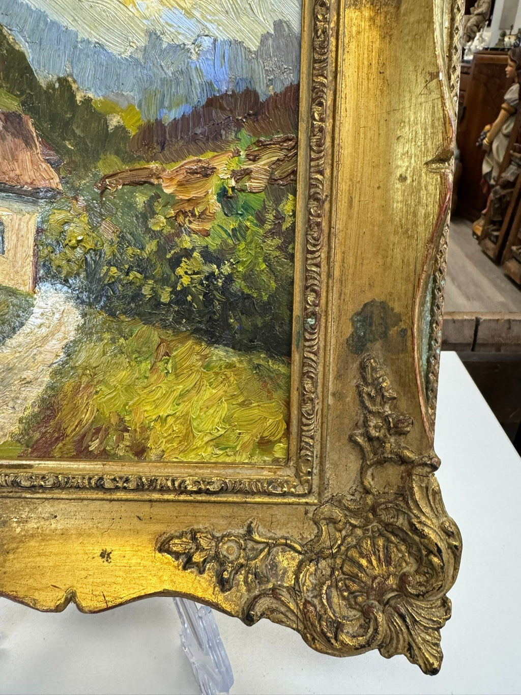 Kleines Ölgemälde in Prunkrahmen Landschaft mit Haus W. Schmidt