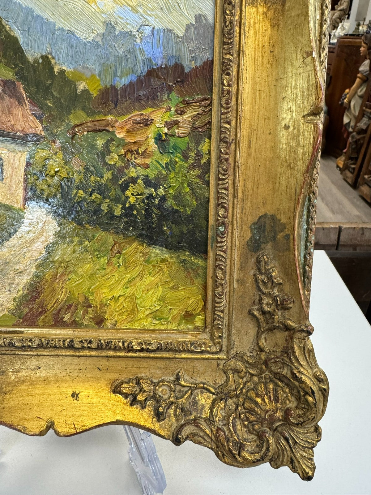 Kleines Ölgemälde in Prunkrahmen Landschaft mit Haus W. Schmidt