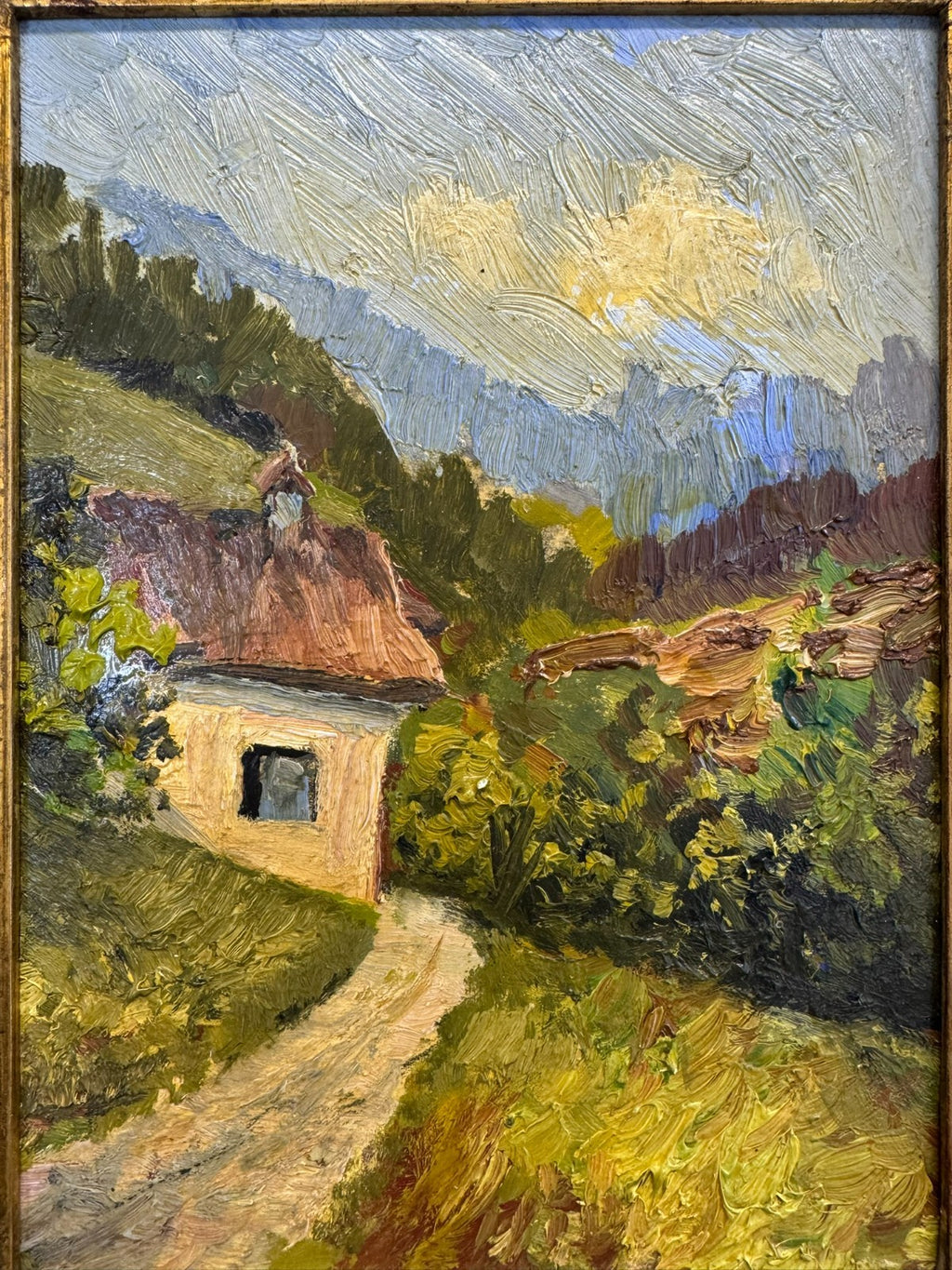 Kleines Ölgemälde in Prunkrahmen Landschaft mit Haus W. Schmidt