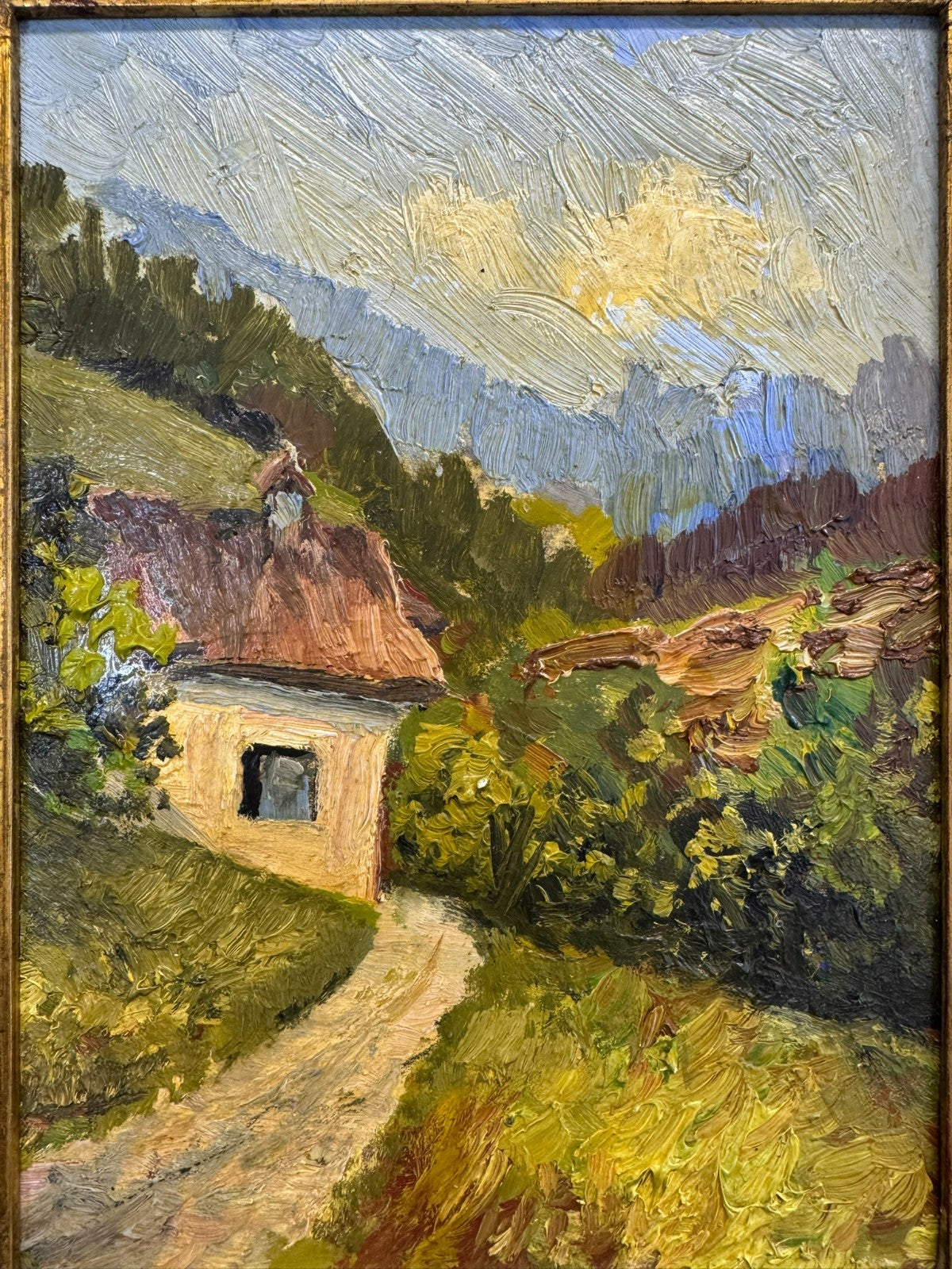Kleines Ölgemälde in Prunkrahmen Landschaft mit Haus W. Schmidt