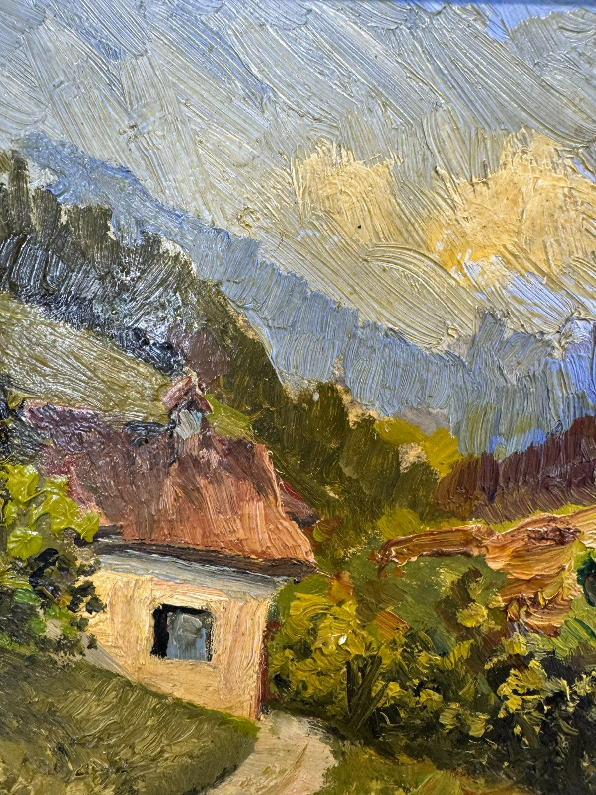 Kleines Ölgemälde in Prunkrahmen Landschaft mit Haus W. Schmidt