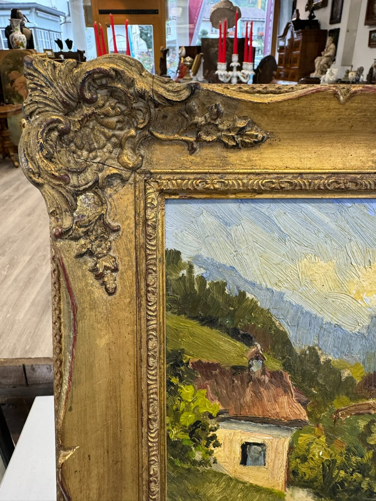Kleines Ölgemälde in Prunkrahmen Landschaft mit Haus W. Schmidt