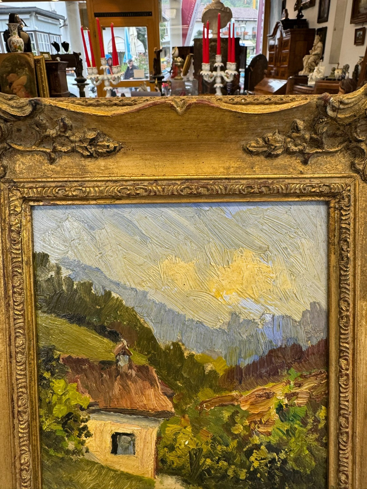 Kleines Ölgemälde in Prunkrahmen Landschaft mit Haus W. Schmidt