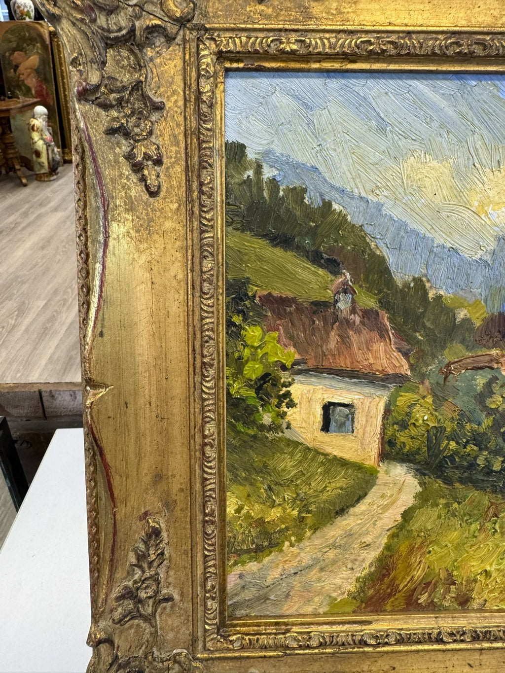 Kleines Ölgemälde in Prunkrahmen Landschaft mit Haus W. Schmidt