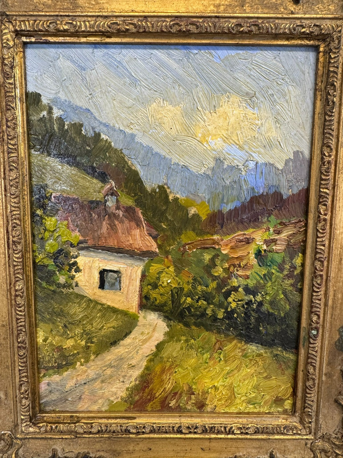 Kleines Ölgemälde in Prunkrahmen Landschaft mit Haus W. Schmidt