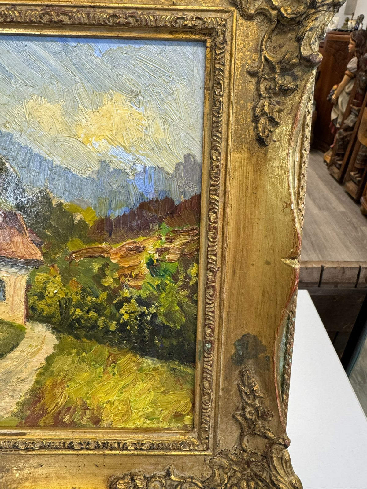 Kleines Ölgemälde in Prunkrahmen Landschaft mit Haus W. Schmidt