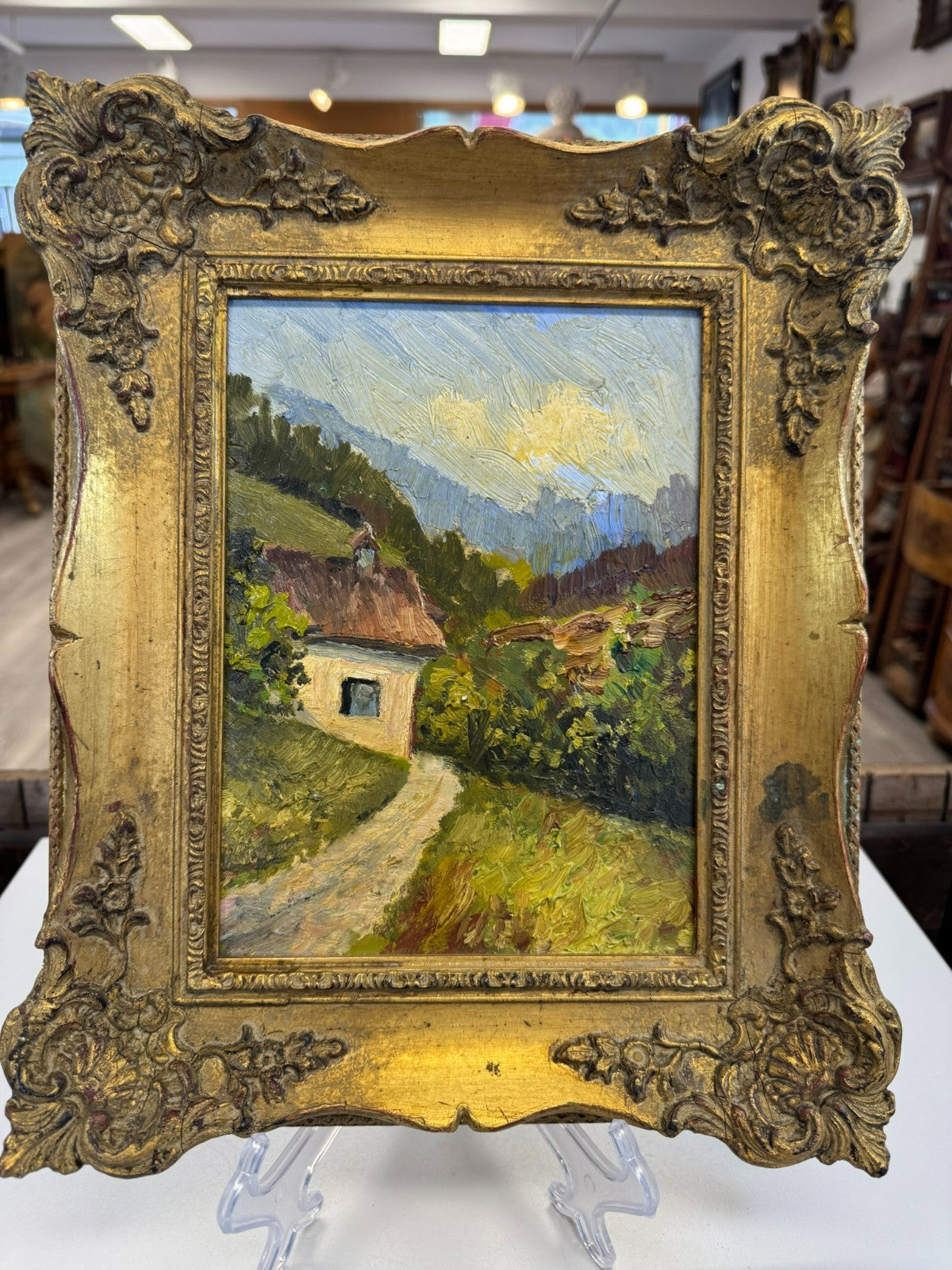 KLEINES ÖLGEMÄLDE IN PRUNKRAHMEN LANDSCHAFT MIT HAUS W. SCHMIDT