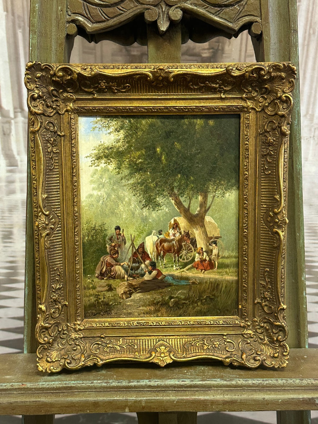 Ölgemälde Personen mit Kutsche auf der Rast Franz Quaglio (1844-1920)