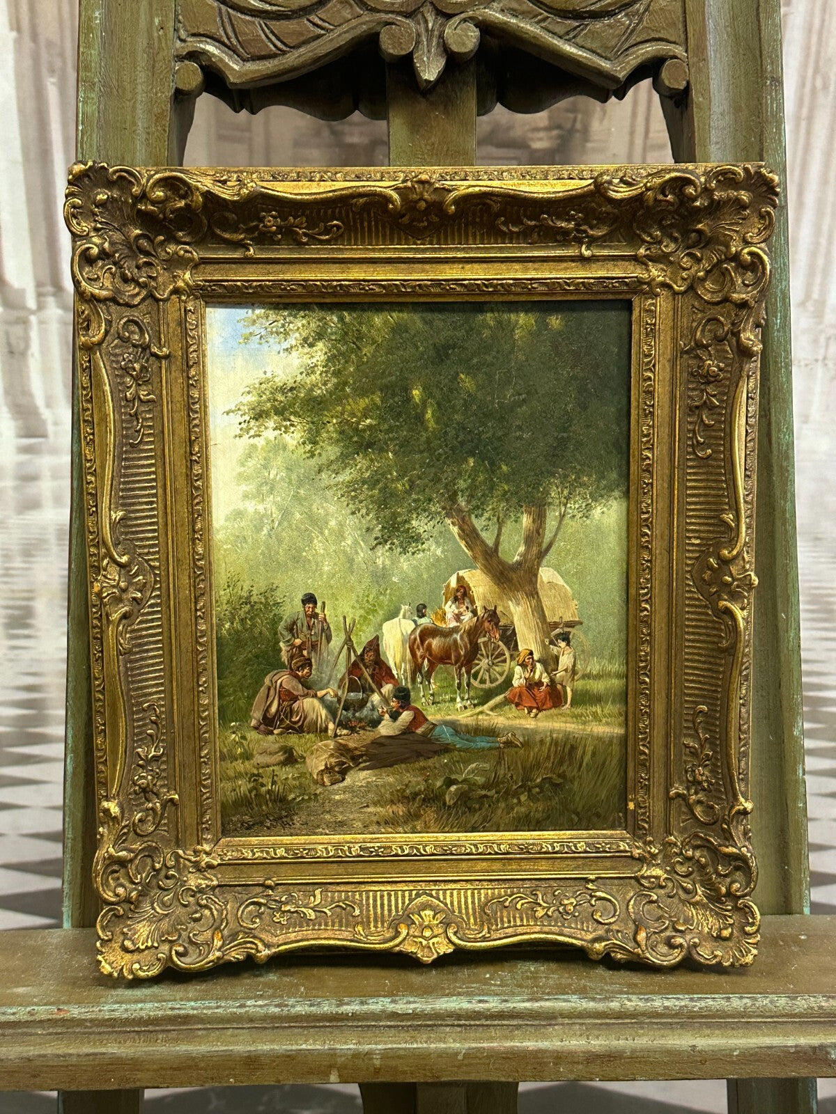 Ölgemälde Personen mit Kutsche auf der Rast Franz Quaglio (1844-1920)