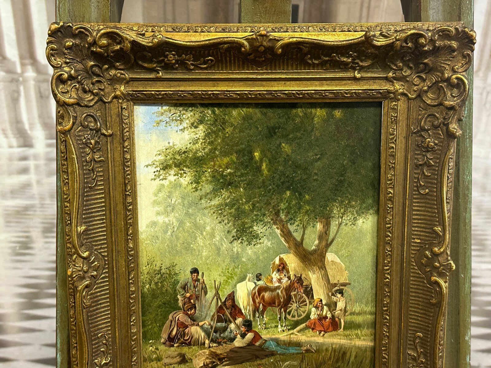 Ölgemälde Personen mit Kutsche auf der Rast Franz Quaglio (1844-1920)