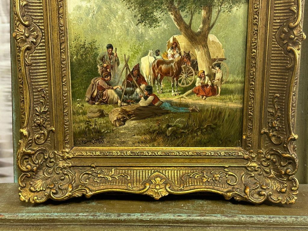 Ölgemälde Personen mit Kutsche auf der Rast Franz Quaglio (1844-1920)