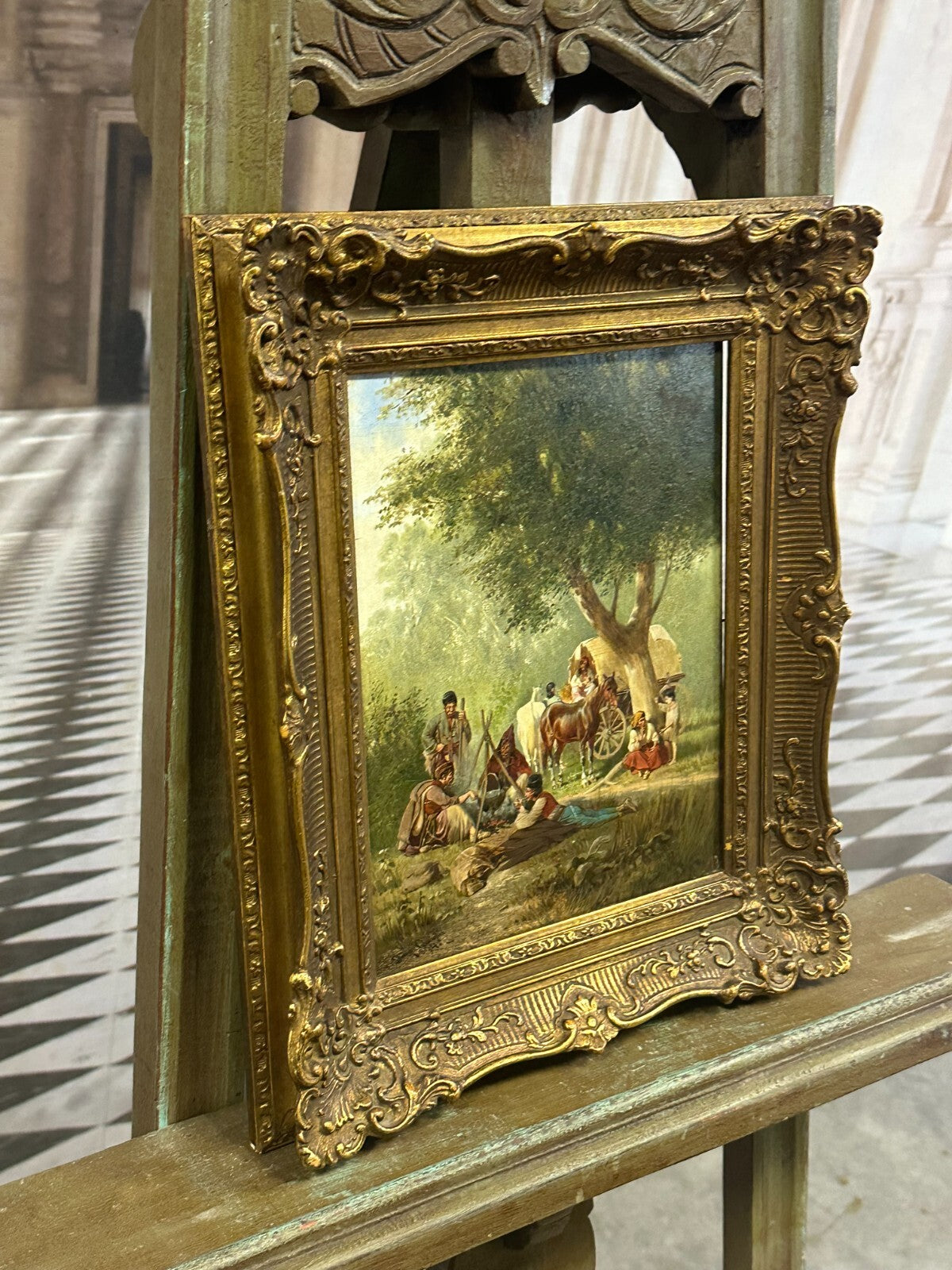 Ölgemälde Personen mit Kutsche auf der Rast Franz Quaglio (1844-1920)