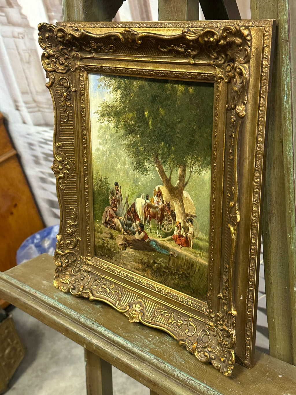 Ölgemälde Personen mit Kutsche auf der Rast Franz Quaglio (1844-1920)