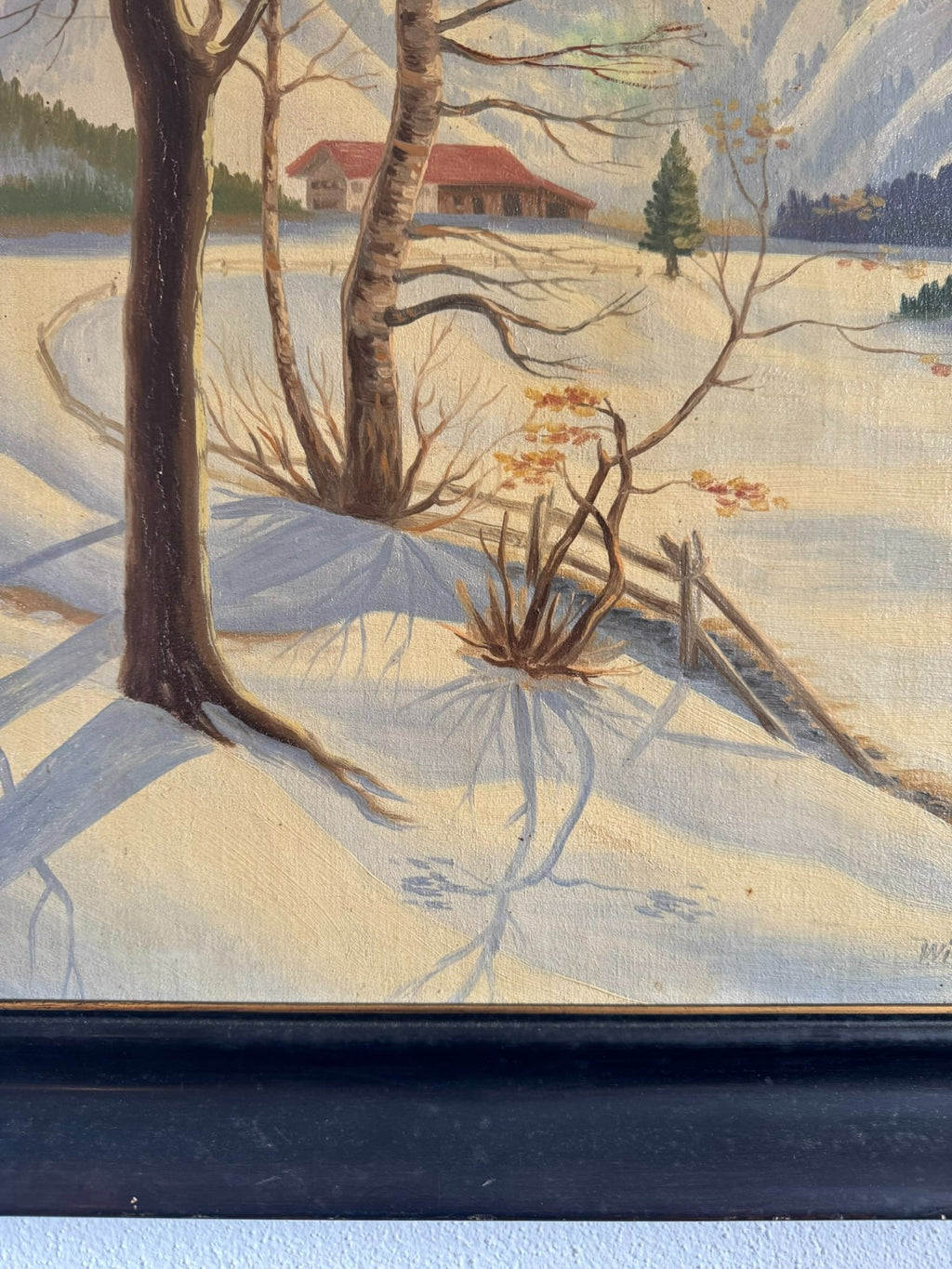 Antikes Ölgemälde von 1937 Winter Landschaft signiert Wilhelm Bürli