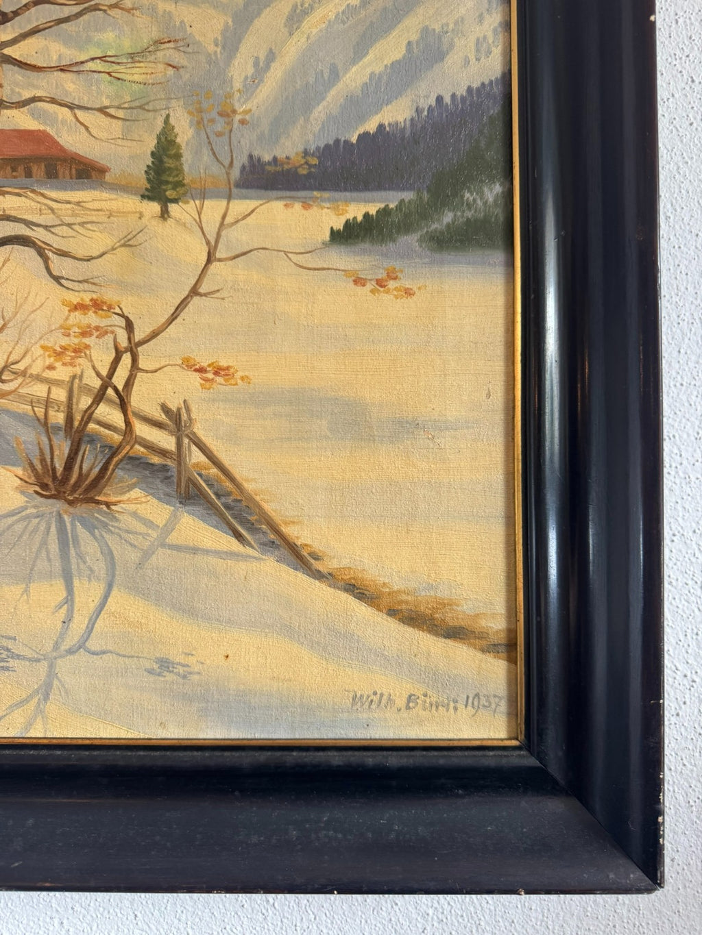 Antikes Ölgemälde von 1937 Winter Landschaft signiert Wilhelm Bürli