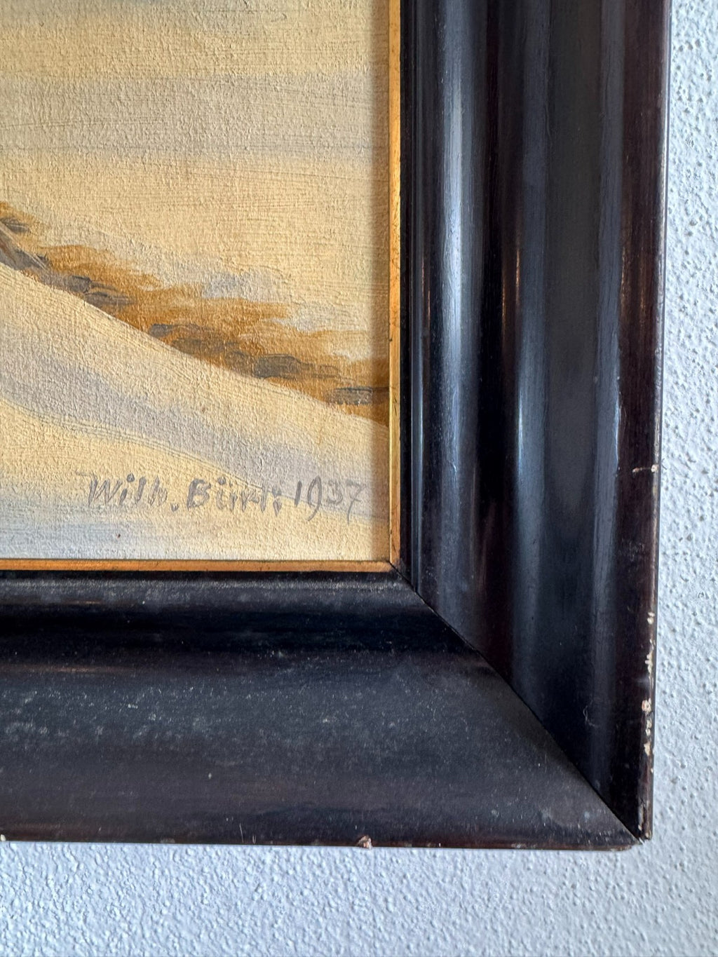 Antikes Ölgemälde von 1937 Winter Landschaft signiert Wilhelm Bürli
