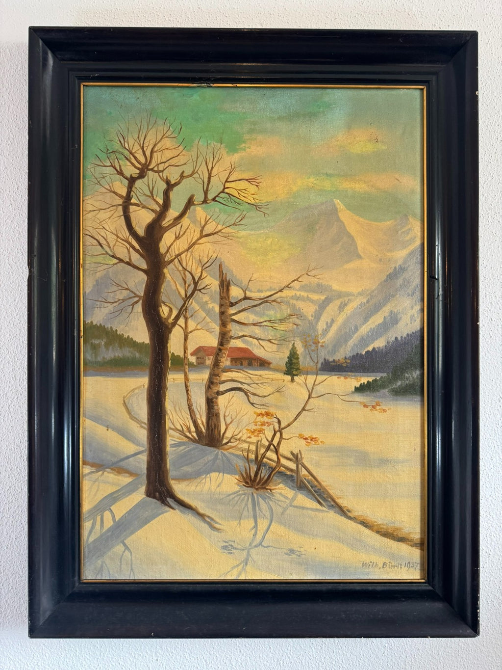 Antikes Ölgemälde von 1937 Winter Landschaft signiert Wilhelm Bürli