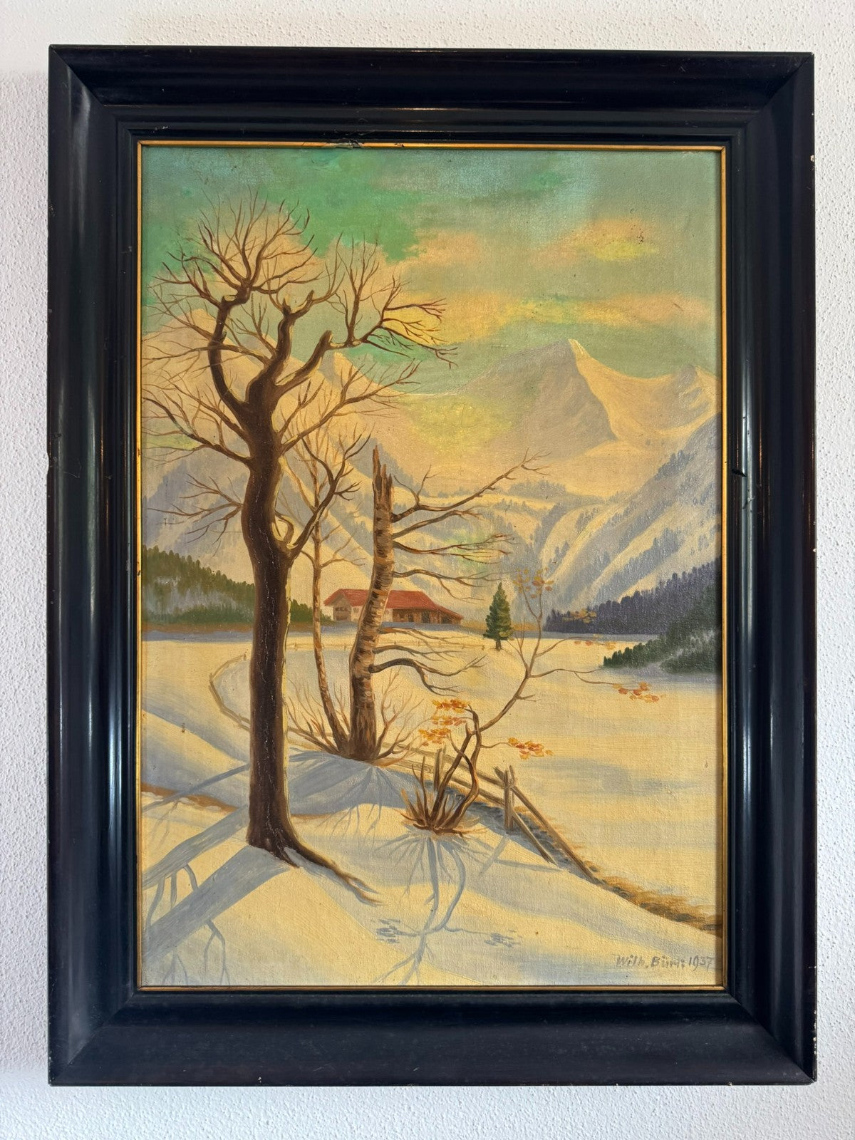 Antikes Ölgemälde von 1937 Winter Landschaft signiert Wilhelm Bürli