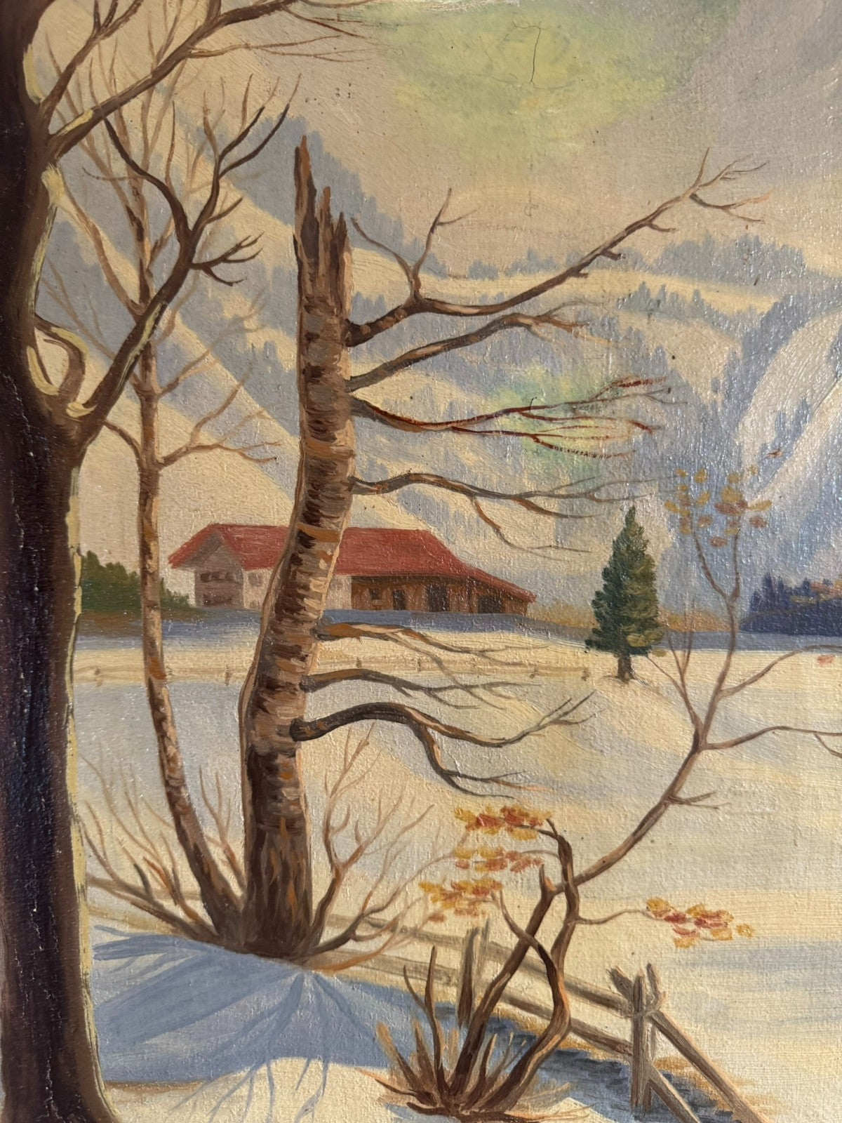 Antikes Ölgemälde von 1937 Winter Landschaft signiert Wilhelm Bürli