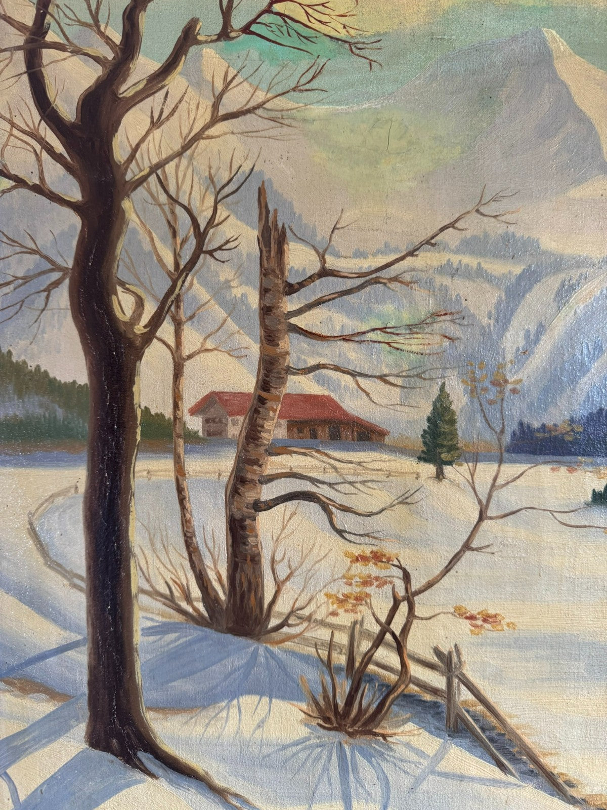 Antikes Ölgemälde von 1937 Winter Landschaft signiert Wilhelm Bürli