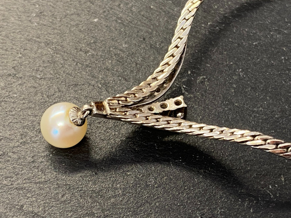 Elegantes Collier Weissgold Gold 585 16,6g mit Perle und Diamanten Halskette