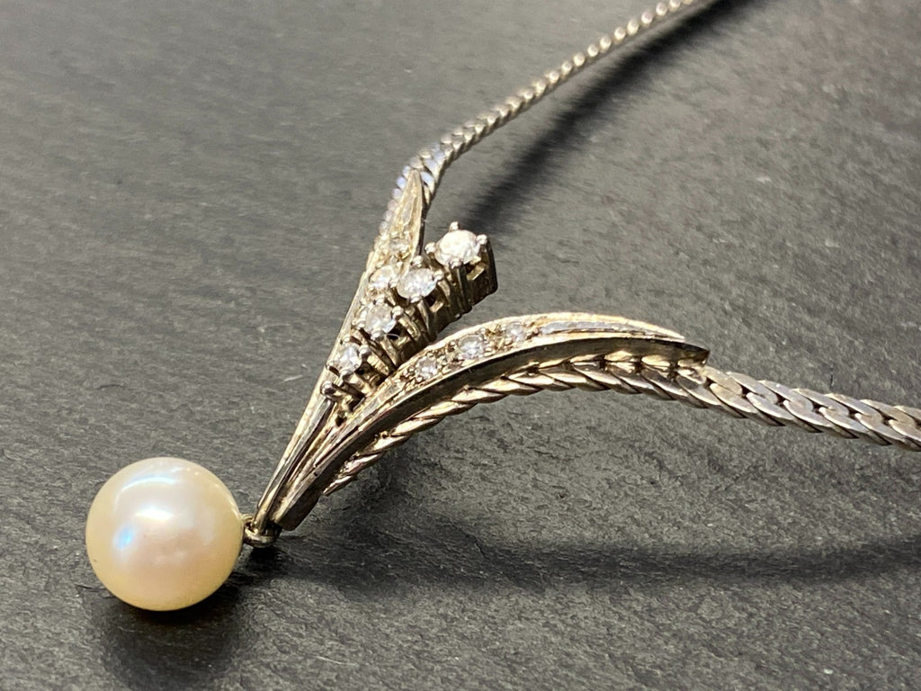 Elegantes Collier Weissgold Gold 585 16,6g mit Perle und Diamanten Halskette