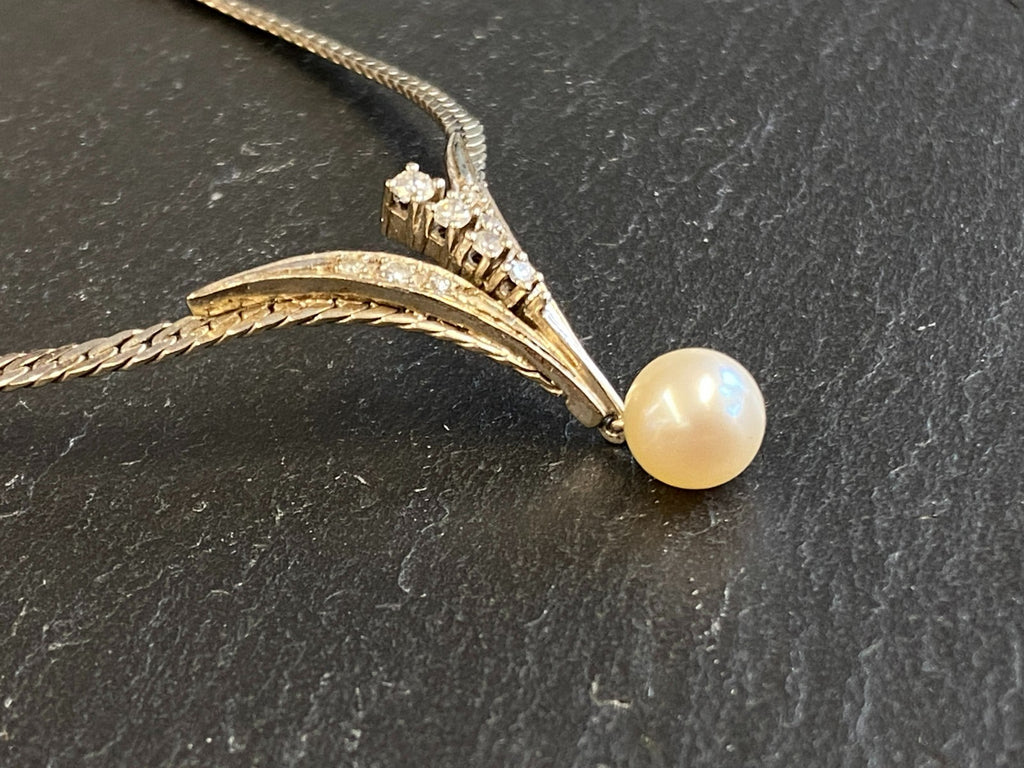 Elegantes Collier Weissgold Gold 585 16,6g mit Perle und Diamanten Halskette