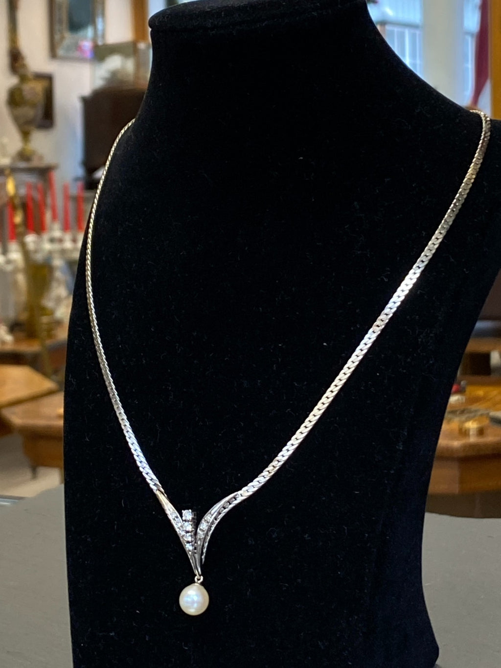 ELEGANTES COLLIER WEISSGOLD GOLD 585 16,6g MIT PERLE UND DIAMANTEN HALSKETTE