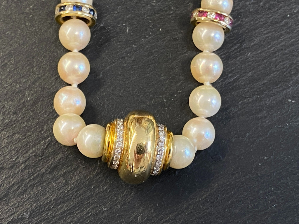 Elegantes Collier Perlenkette mit Elementen aus Gelbgold 14K Diamanten