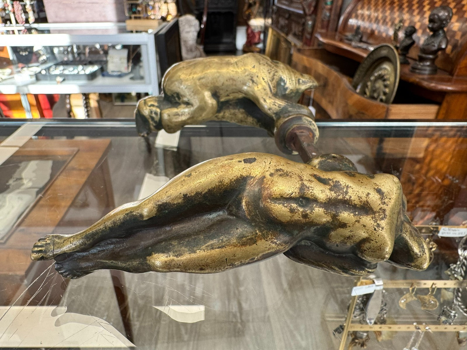 Antiker massiver Türgriff Jugendstil Bär und Frau um 1900
