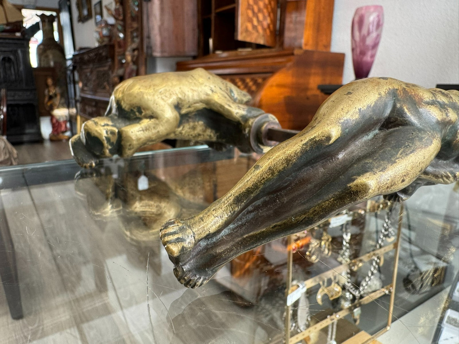 Antiker massiver Türgriff Jugendstil Bär und Frau um 1900