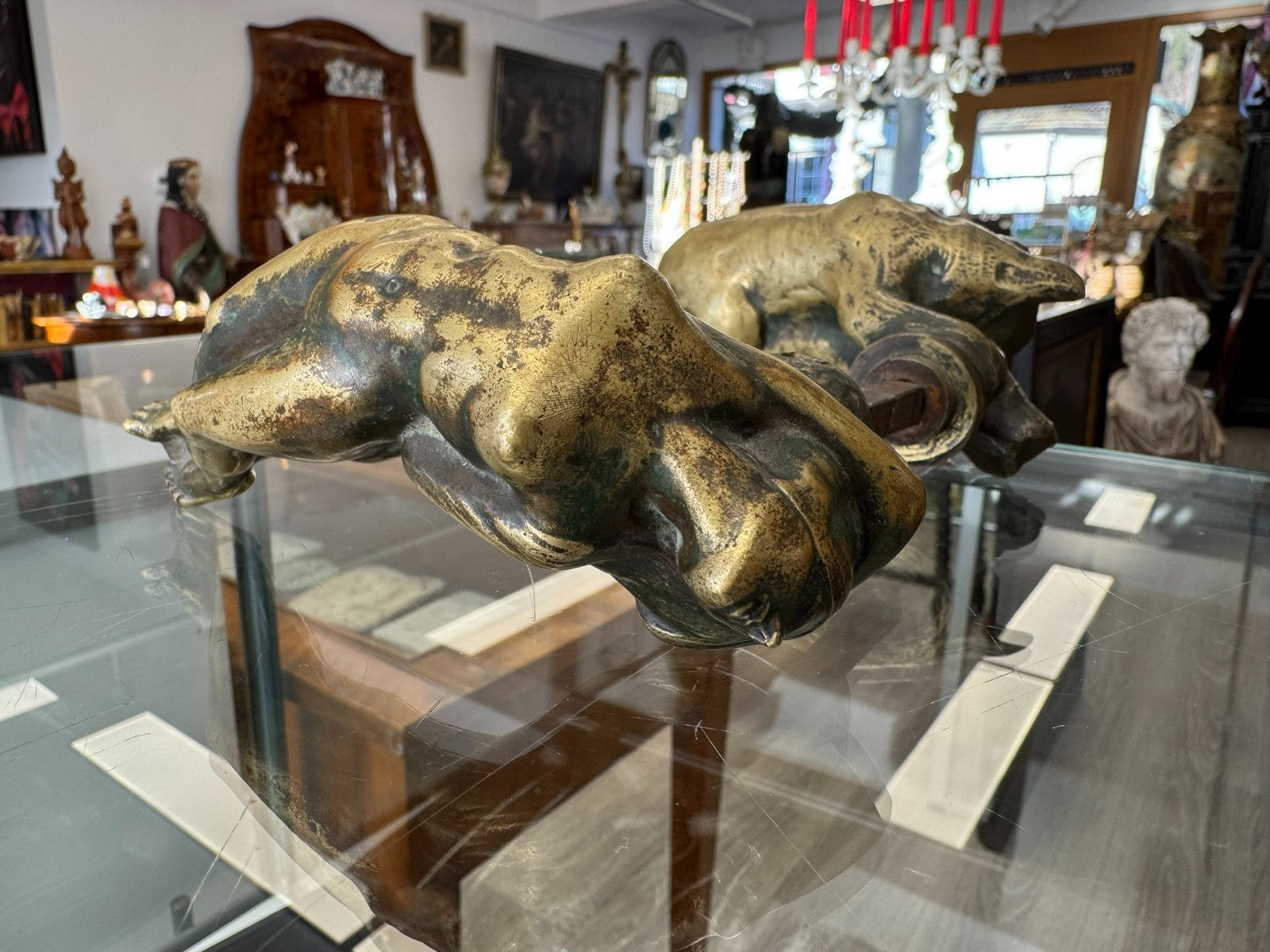 Antiker massiver Türgriff Jugendstil Bär und Frau um 1900