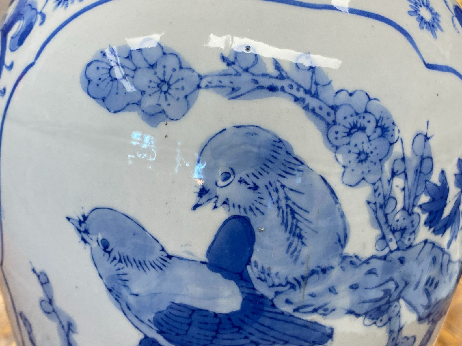 China Porzellan Vase mit Unterglasur Blauem Dekor Vögel 35,5cm